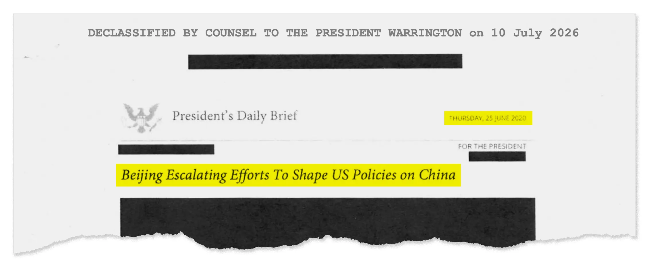 A clipping of a document released by the White House that shows a Presidential Daily Briefing doc from June 25, 2020 The White House