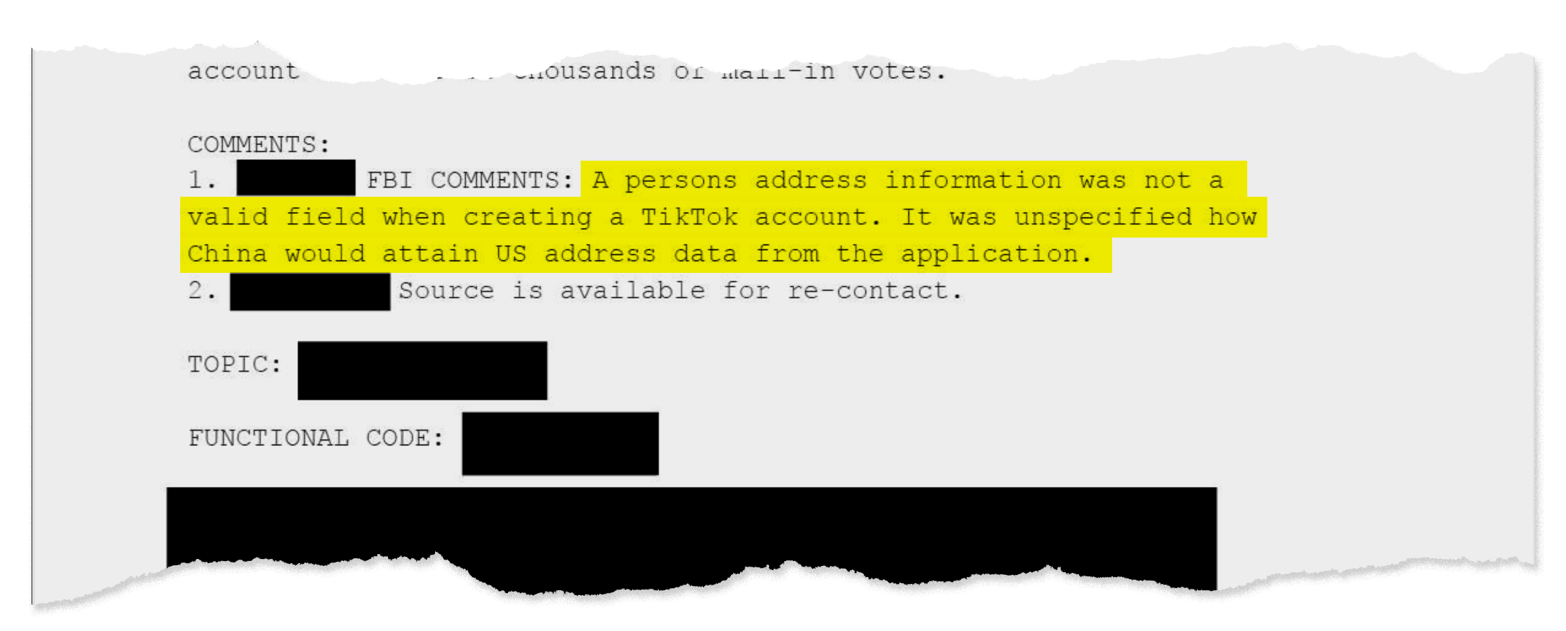A FBI document released by the White House. The White House