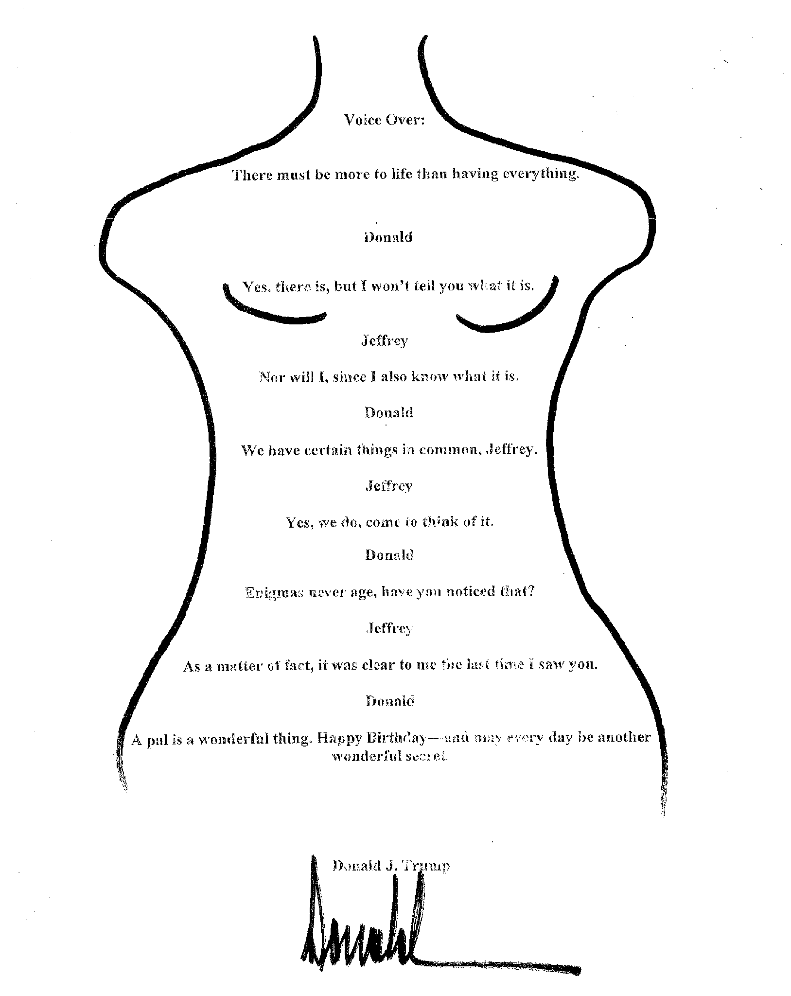 Trump’s Bawdy Birthday Card featuring the outlineof a woman with Donald's signature for the pubic hair