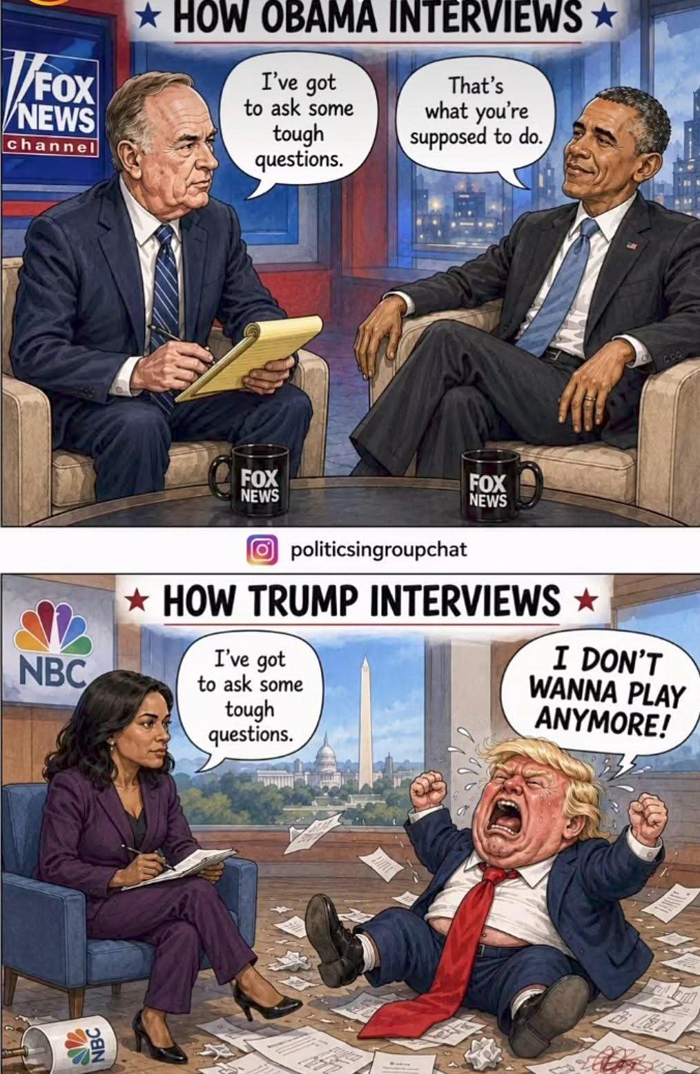 Comparison Of Obama interviewed by OReilly versus Trump interviewed by Welker.