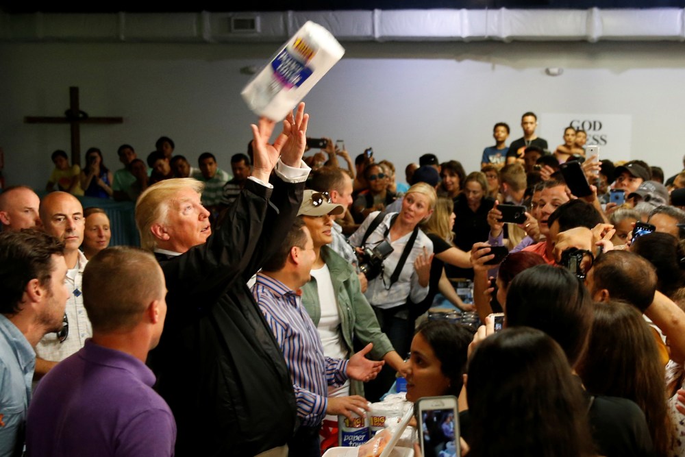 President Trump Tossing Rolls of Paper Towels into Puerto Rican Crowd After a Hurricane.