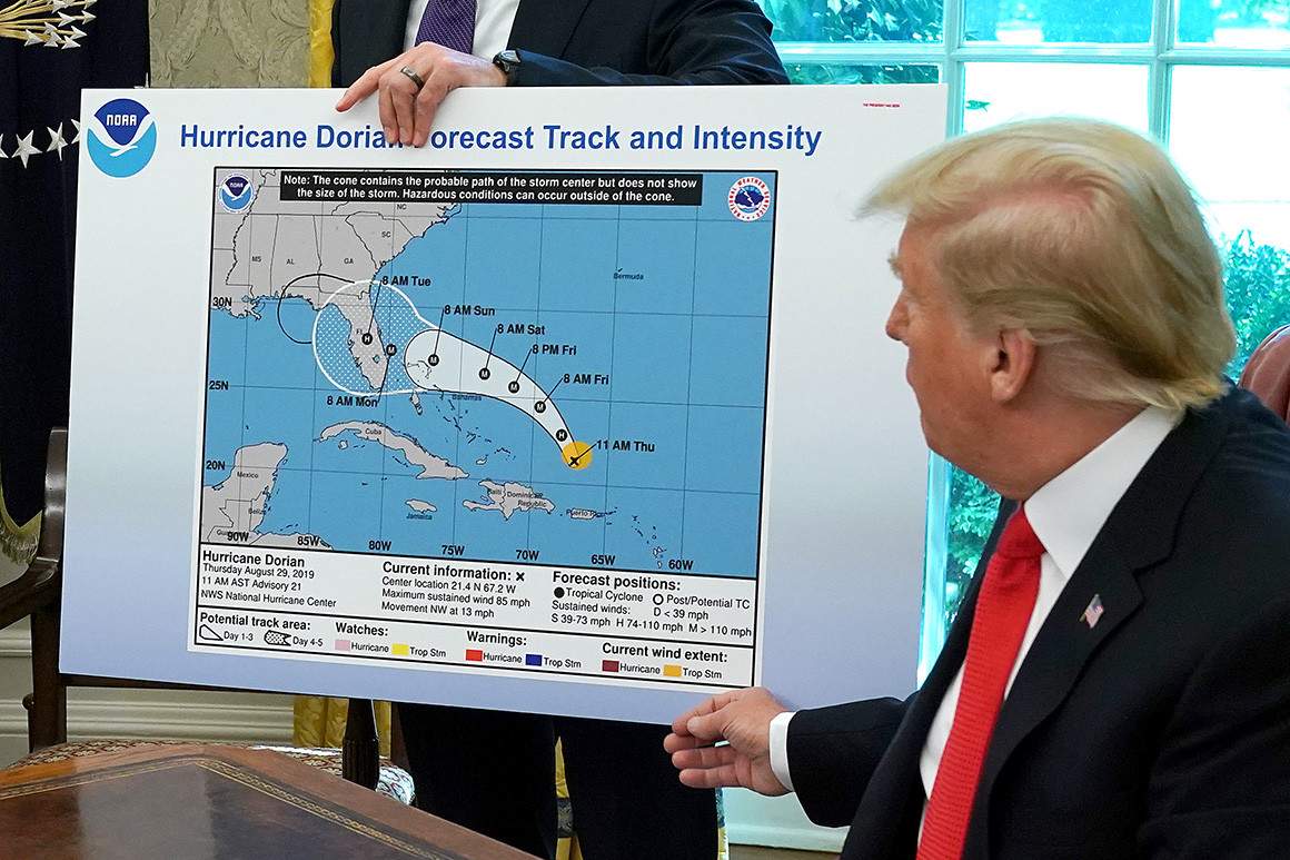 SharpiePresident Trump Showing an Altered Cone of Uncertainty of Hurricane Dorian